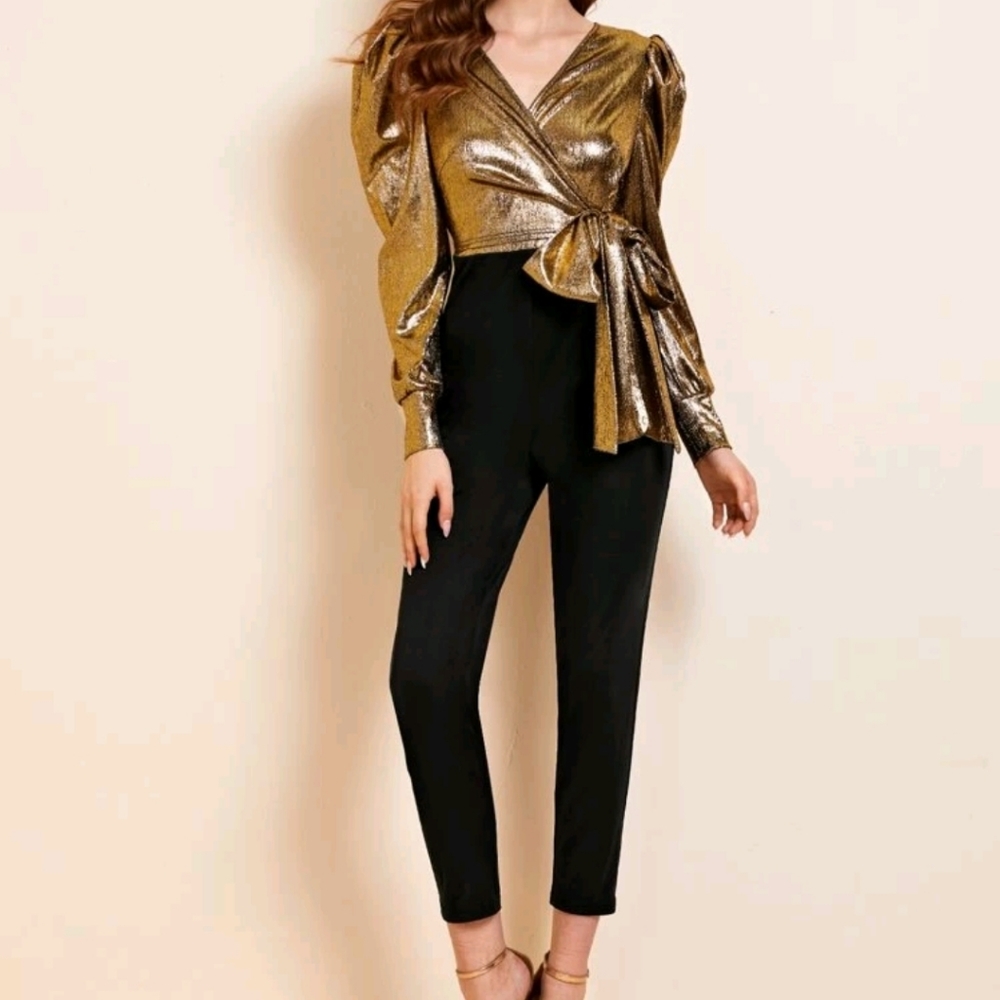 Sleeve wrap tie-side gold bodice jumpsuit/romper